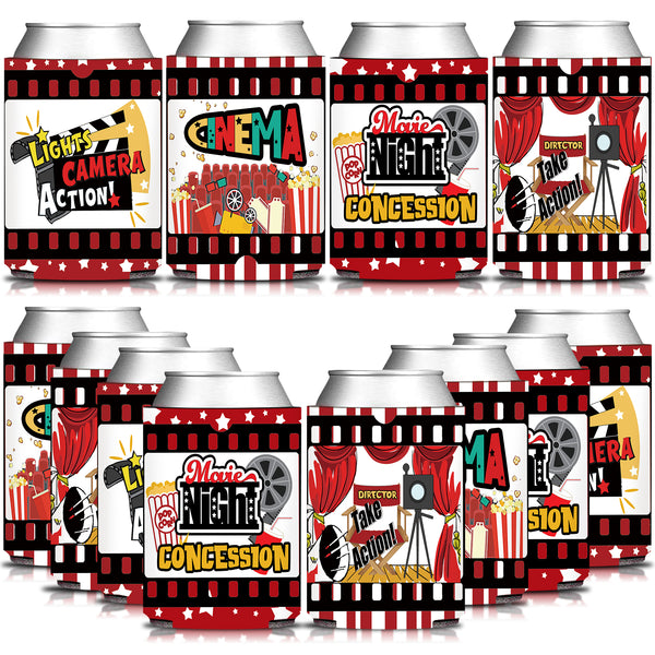 12pcs/Set, Movie Night Party Can Cooler Sleeves Covers, Red Carpet Hollywood Theater Theme Beverage Insulated Drink Sleeve Holder For Weekend Movie Birthday Bachelorette Party, Now Showing Cinema Party Favor Gift, Popcorn Concession Decorations