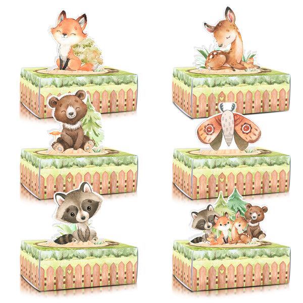 Party Town 12 pcs/set, Woodland Animal Forest Theme Party Favor Boxes with animal topper cards, Green Camping Wild Adventure Animal Theme Party Goodies Treat Candy Gift Boxes